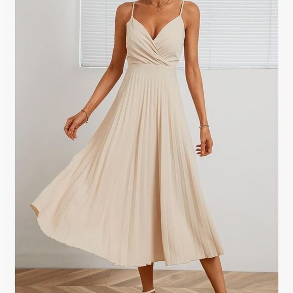 Ivory Pleated Midi Dress Med 8 10 - Picture 3 of 6